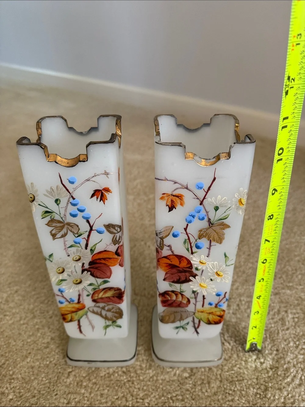 Hand-Painted Vintage Milk Glass Vases with Autumn Leaf Accents - Set of 2
